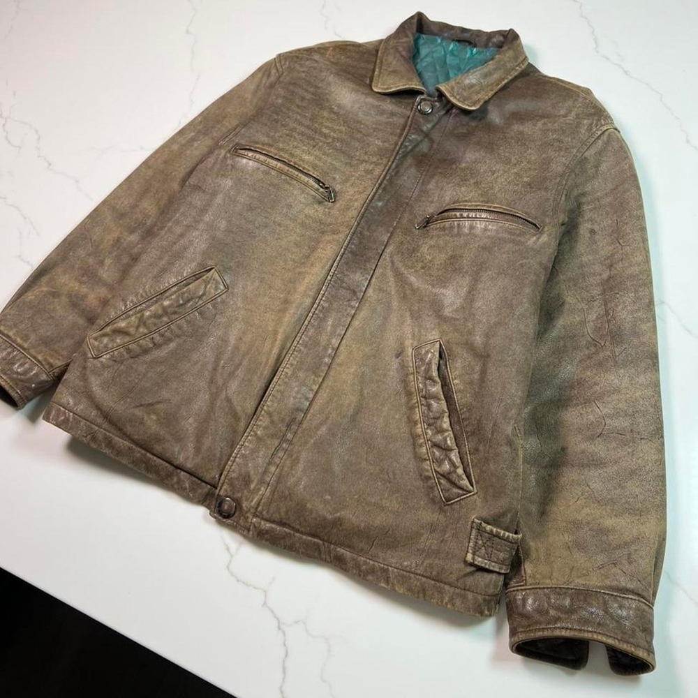 Vintage Leather Bomber Jacket Mens Brown Distressed Teal Quilted Lining Large